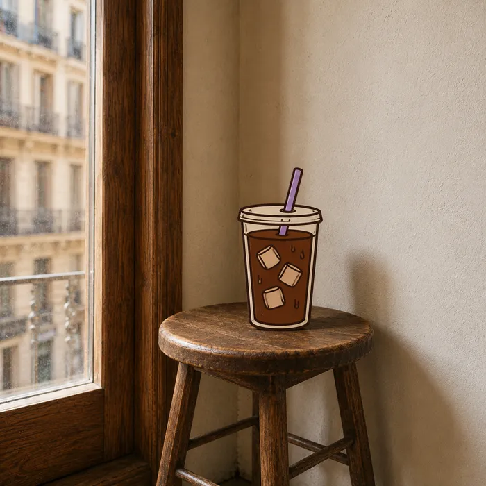 A drawn iced coffee with a lilac straw, standing on a stool