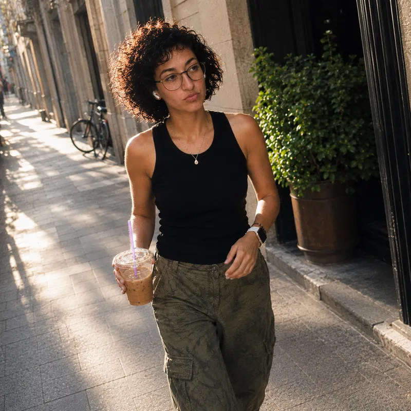 Zein walking a Barcelona street with an iced coffee, shot like a polaroid