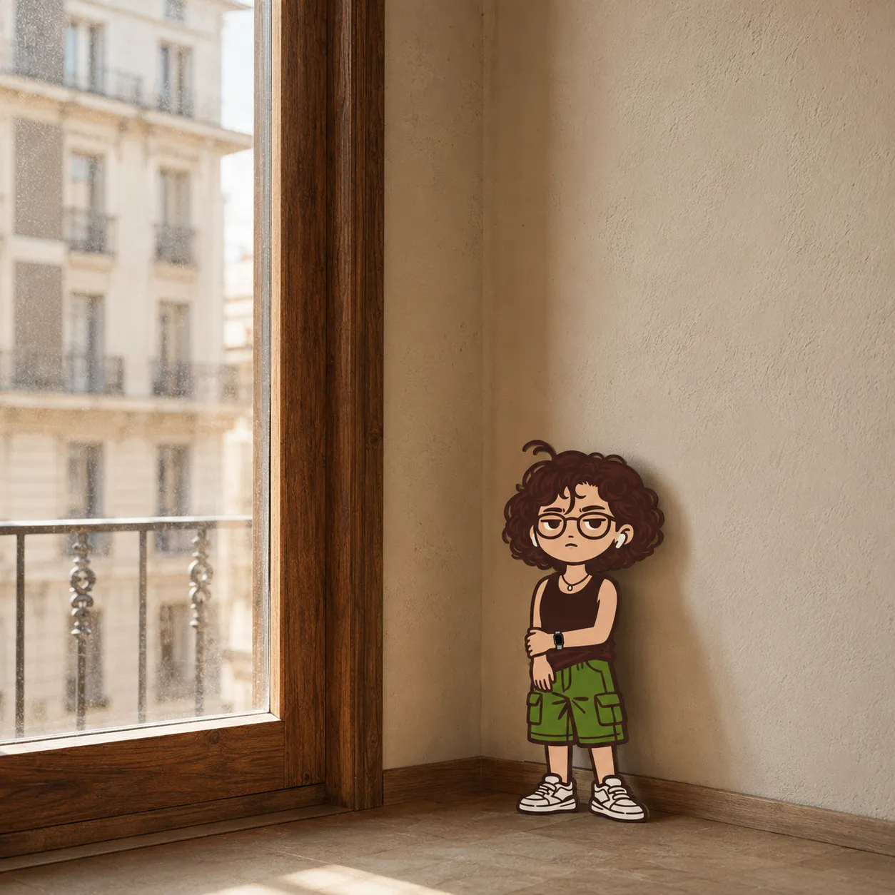 Zaza, the flat-drawn mascot, standing in the corner of the room judging