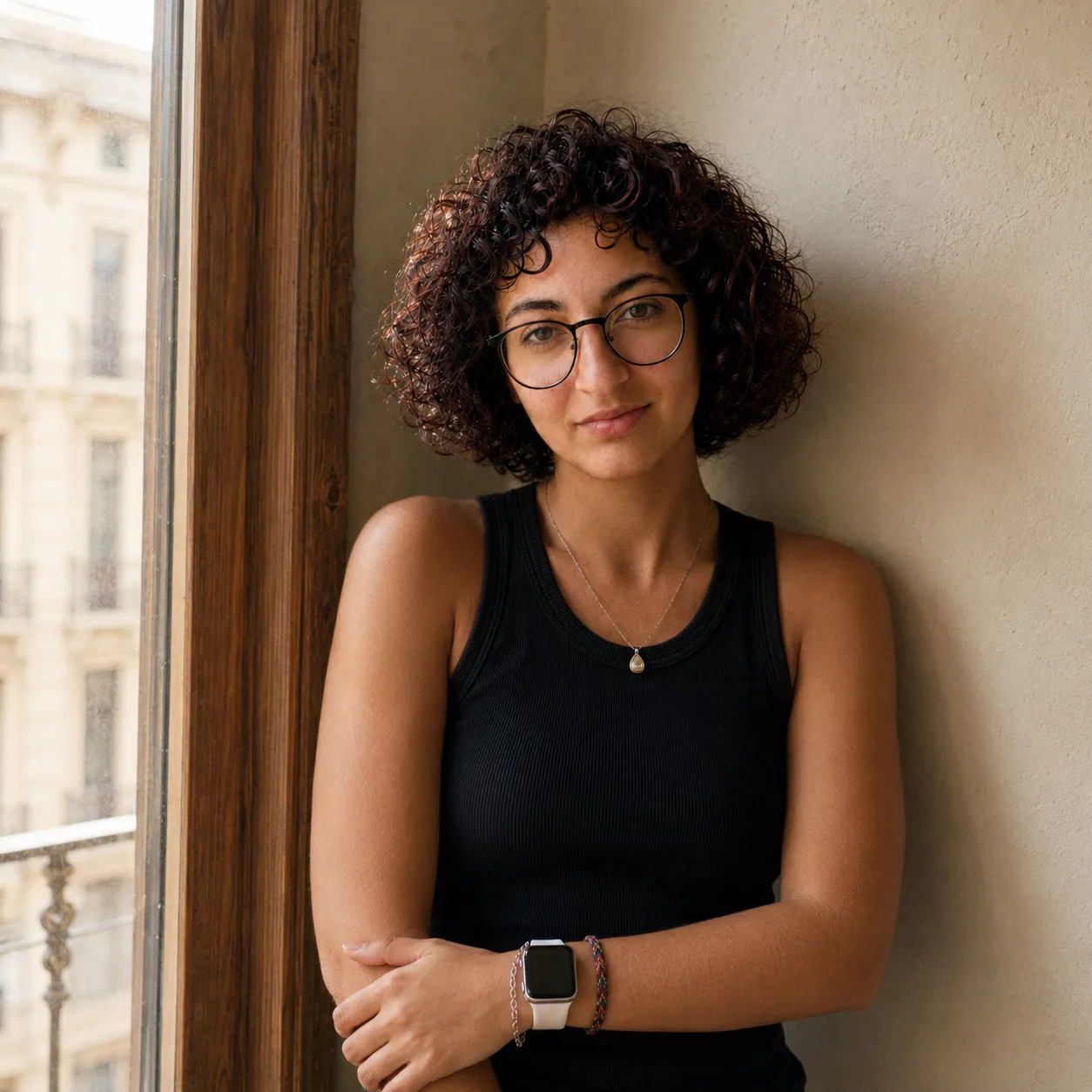 Zein by a tall Barcelona window, curly hair and glasses, in a black tank top