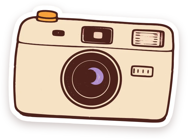 A hand-drawn film camera with a knafeh shutter button
