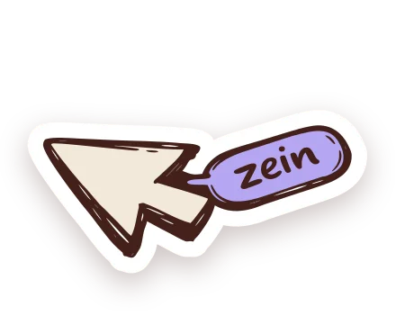 A hand-drawn cursor arrow with a lilac zein name tag