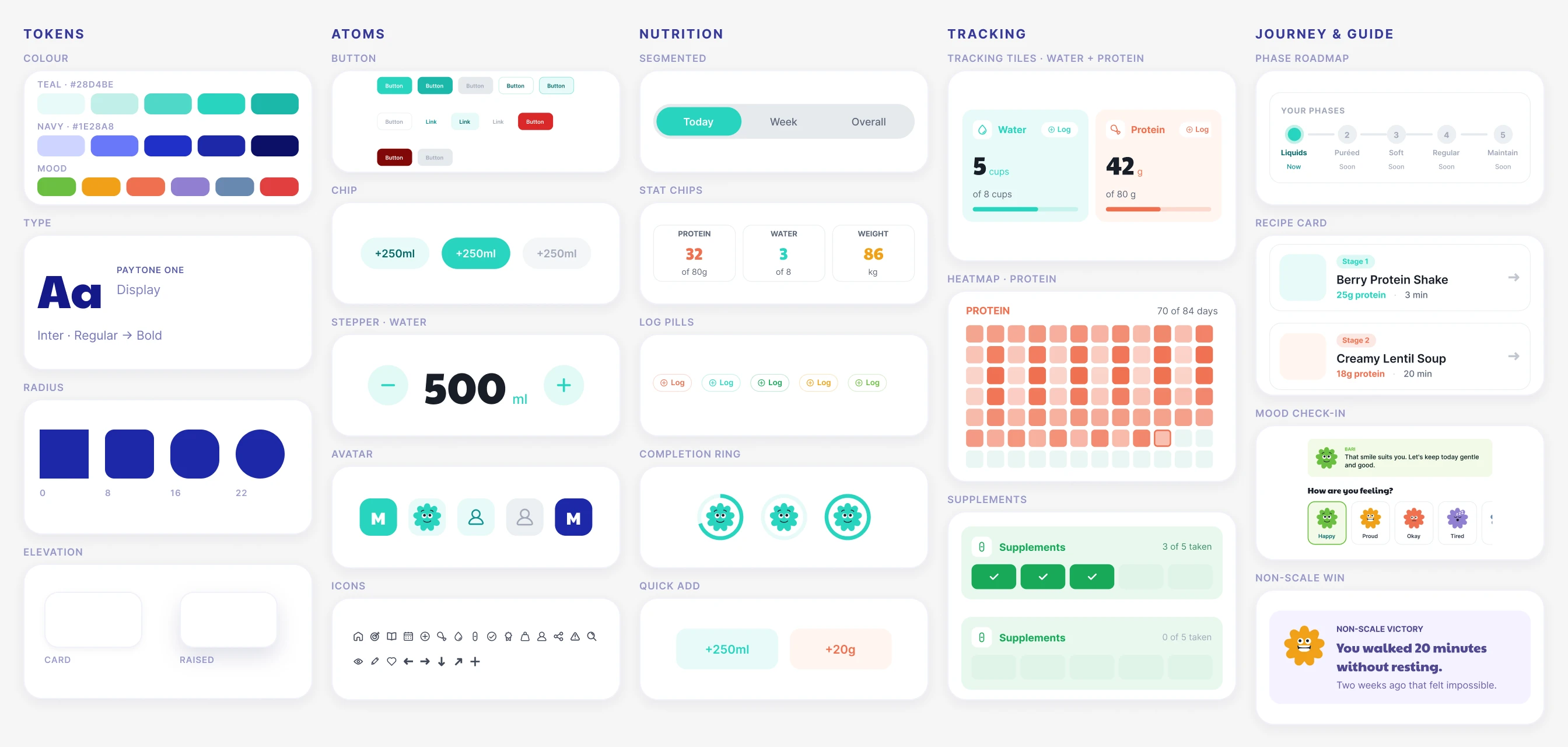 The Bari design-system board: colour, type, components, and the six mood ramps in one language