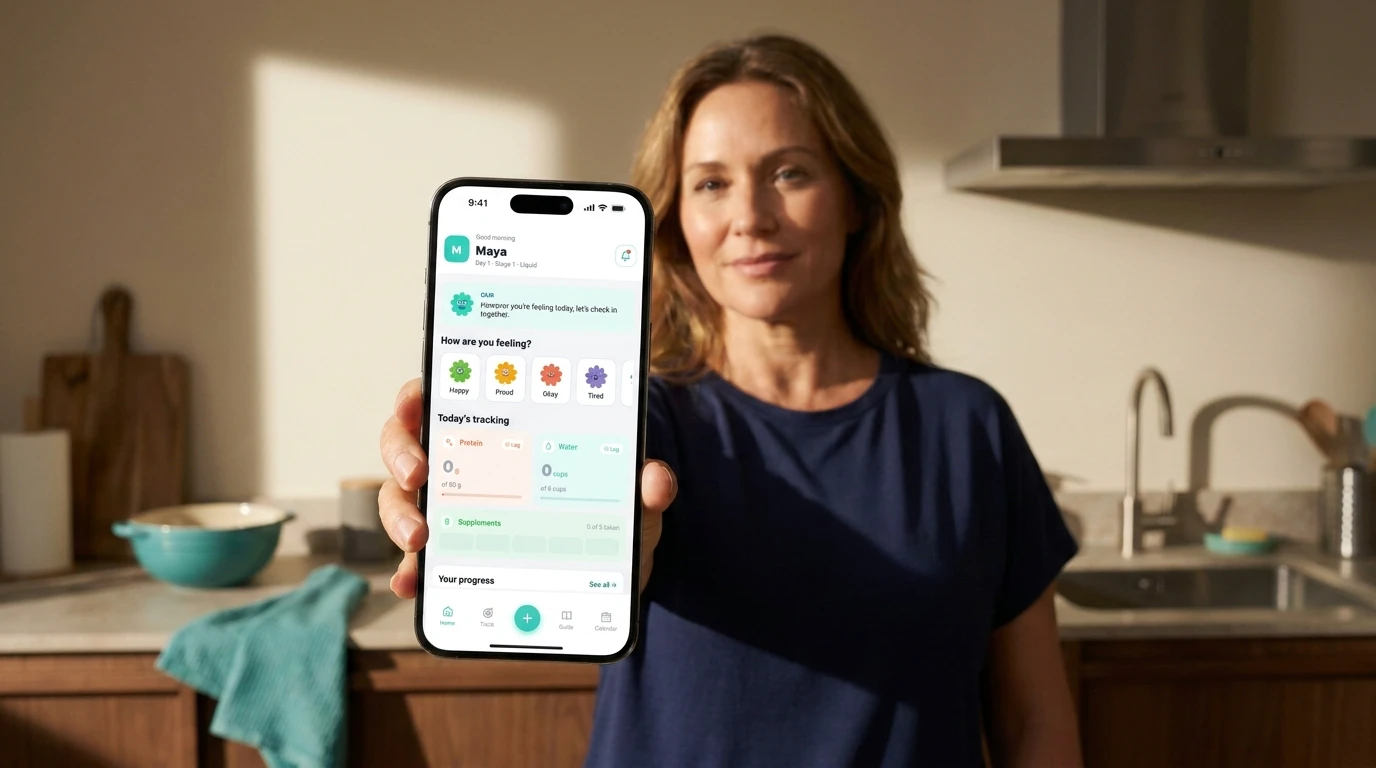 The idea: the Bari home screen on a phone, held out in a real kitchen