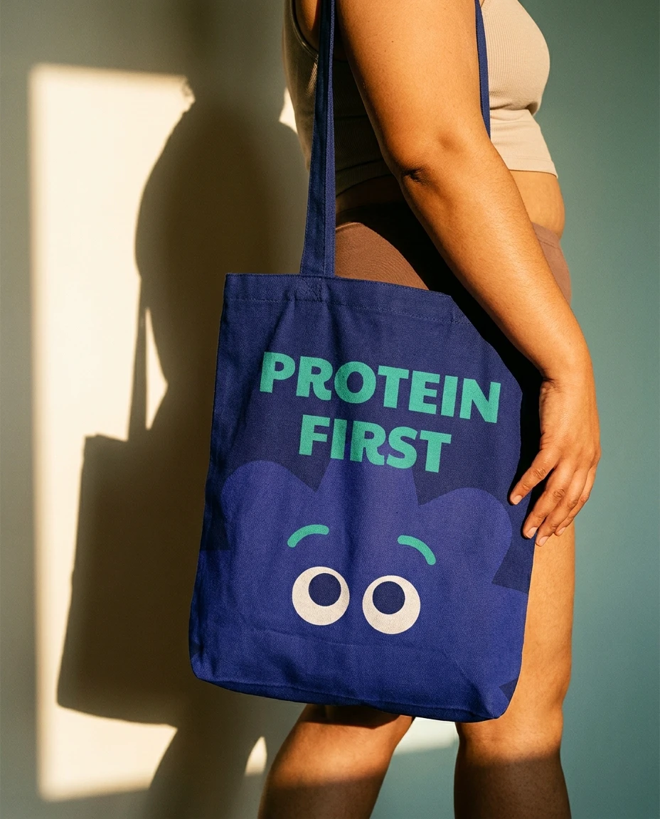 The Bari tote, worn: PROTEIN FIRST