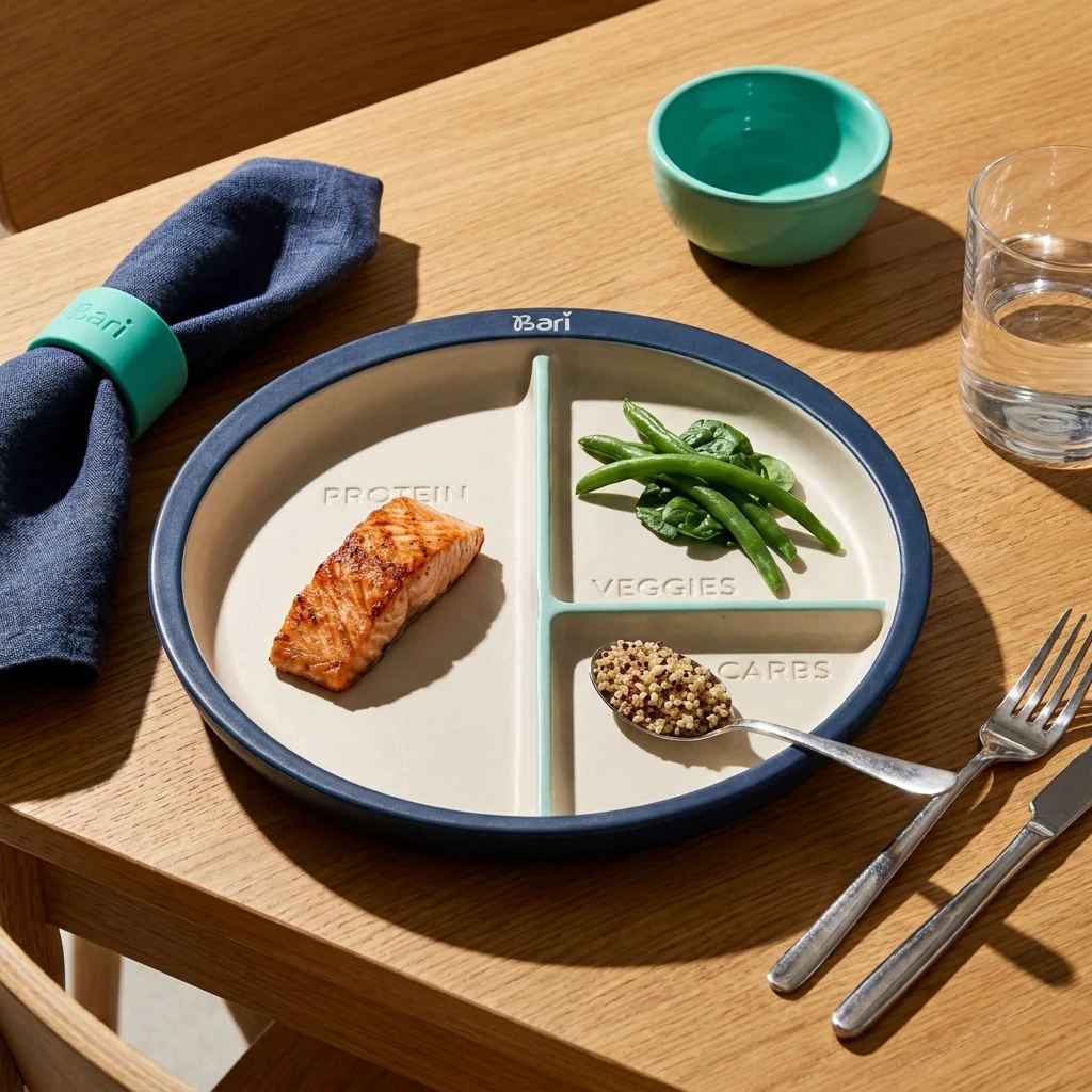 The Bari portion plate on an oak table