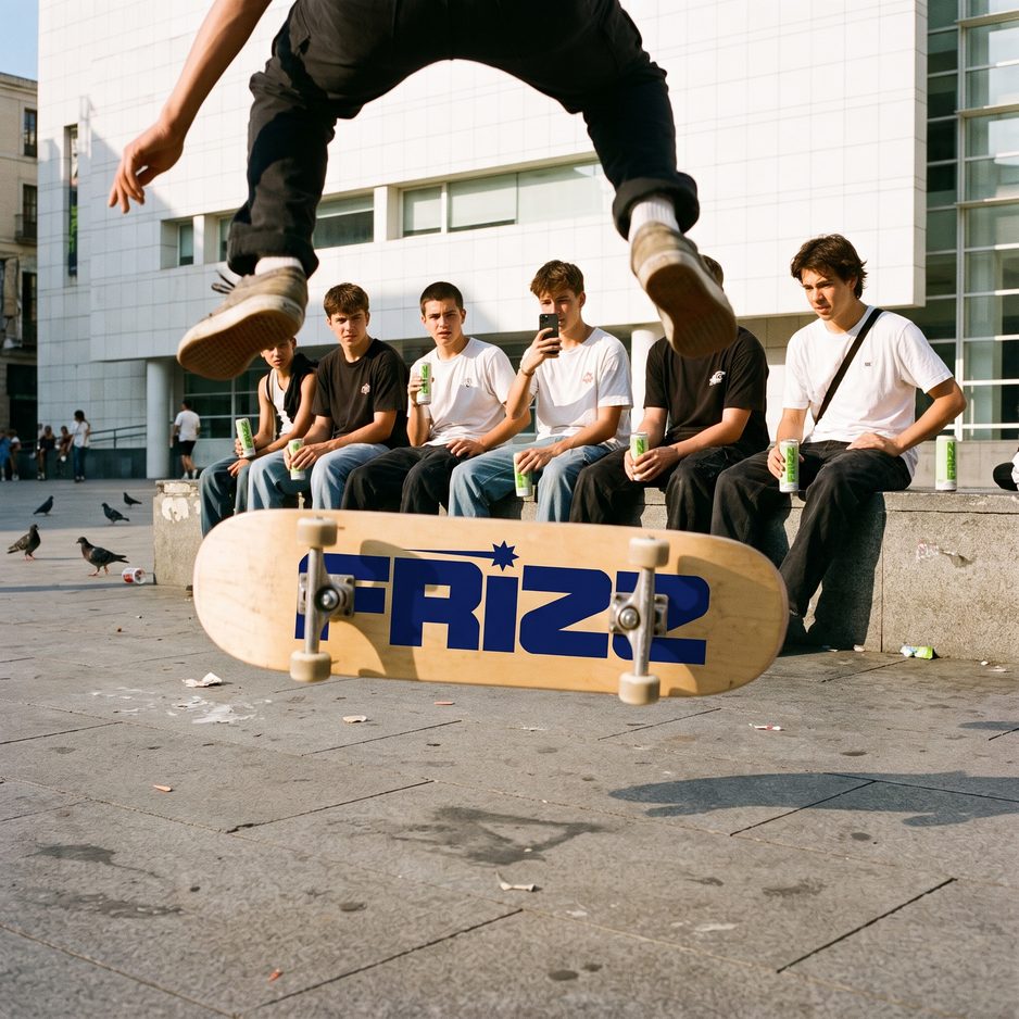THE DECK, AT MACBA: a skater mid-trick on the Frizz deck, the crowd around