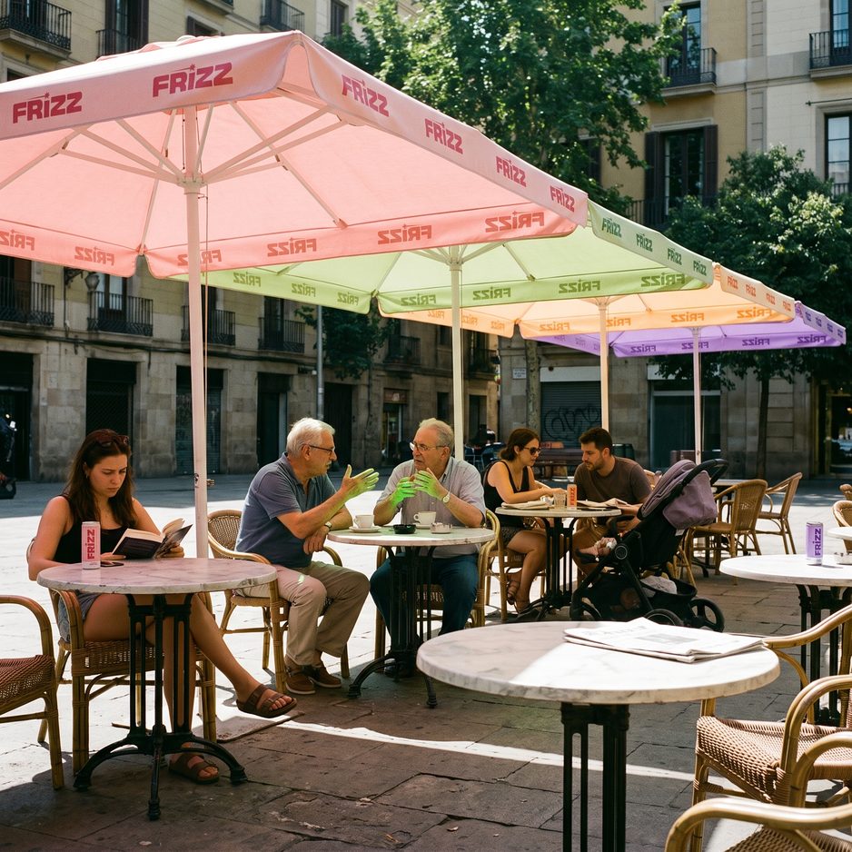 EL TOLDO: the Frizz parasols over a full terrace in daylight