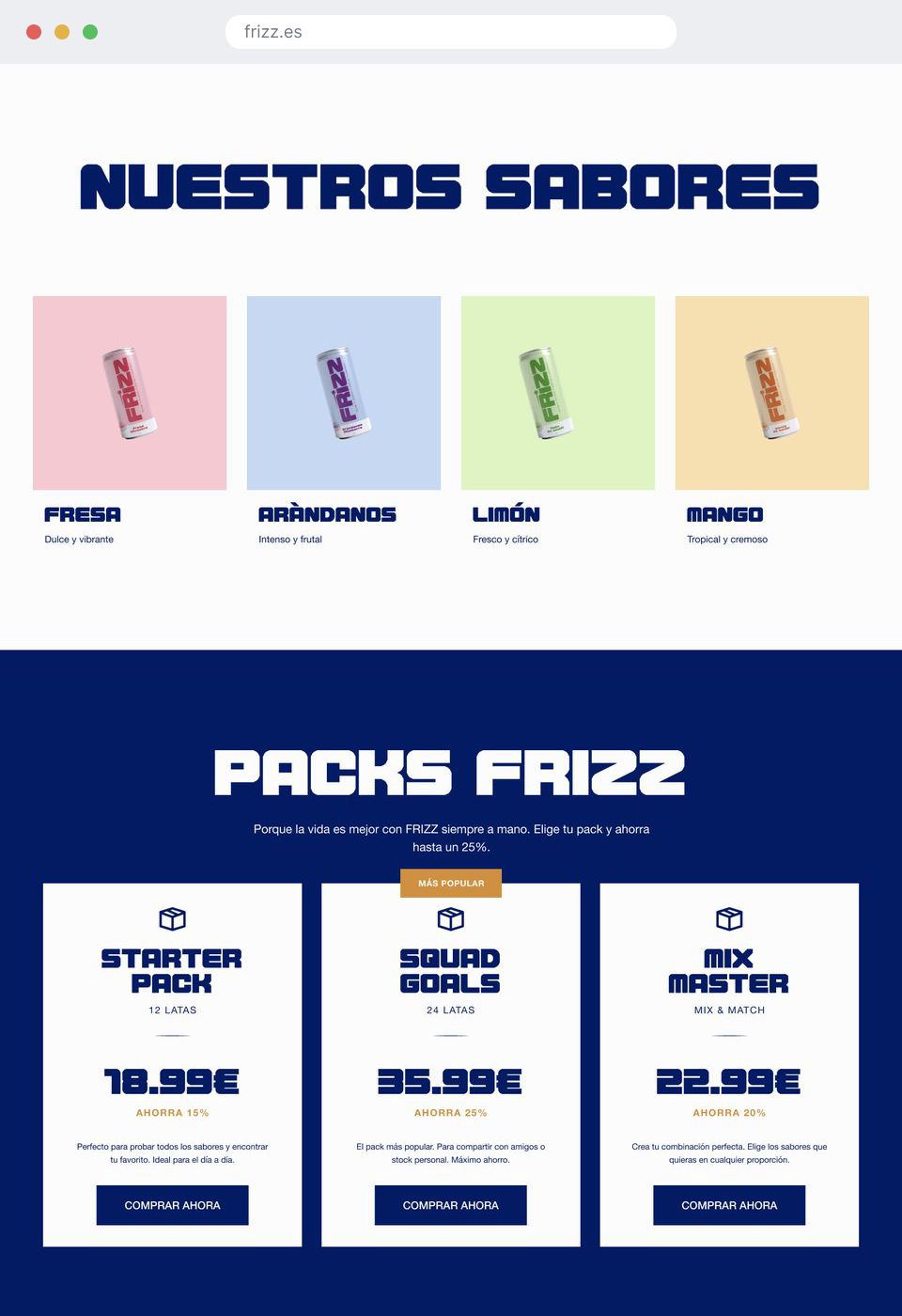 The landing: flavours and packs in one continuous scroll