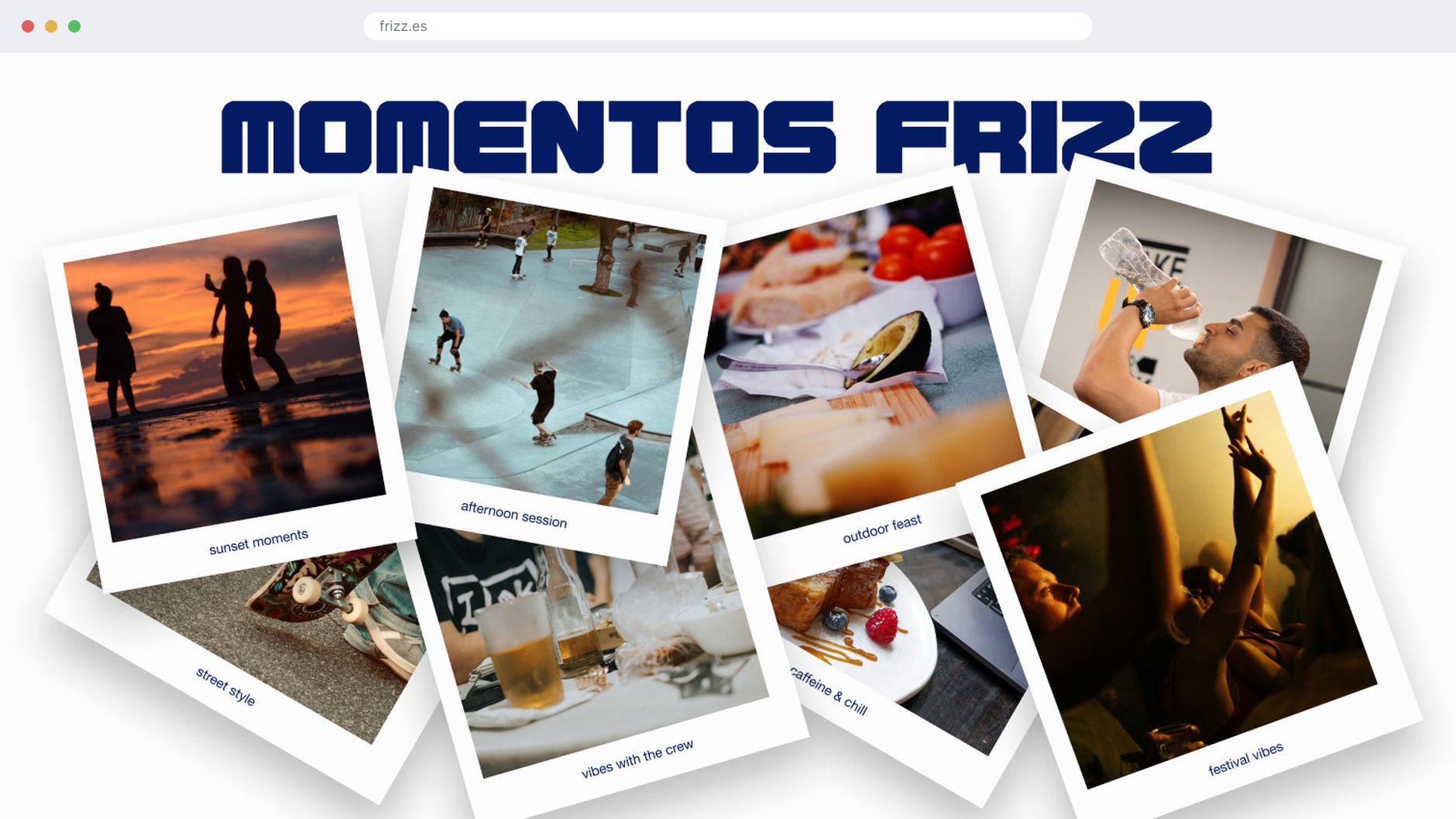 Momentos Frizz: the occasions section in its browser window on navy