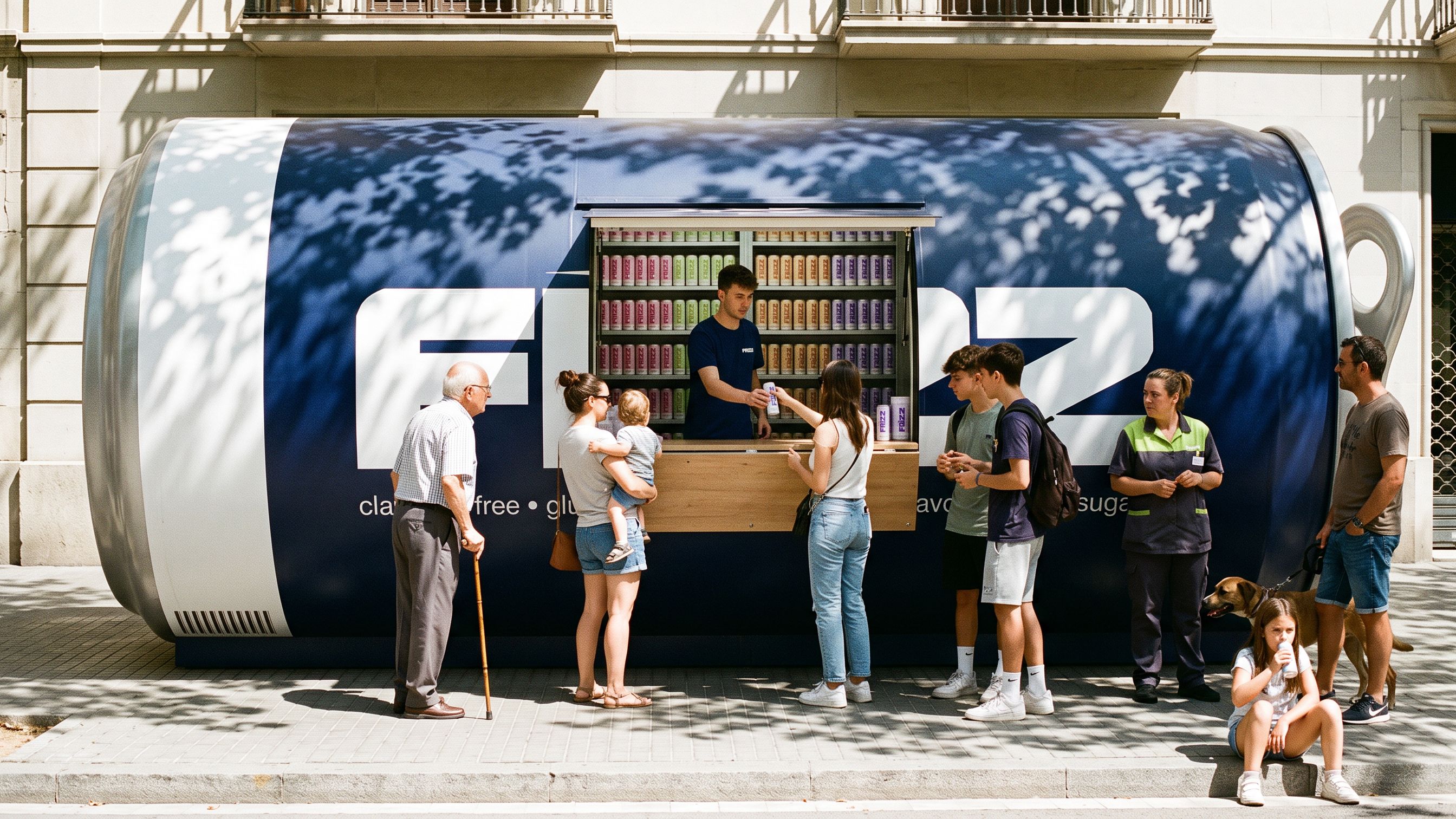 THE QUIOSC: the Frizz kiosk, a giant navy can on its side, serving a Barcelona corner