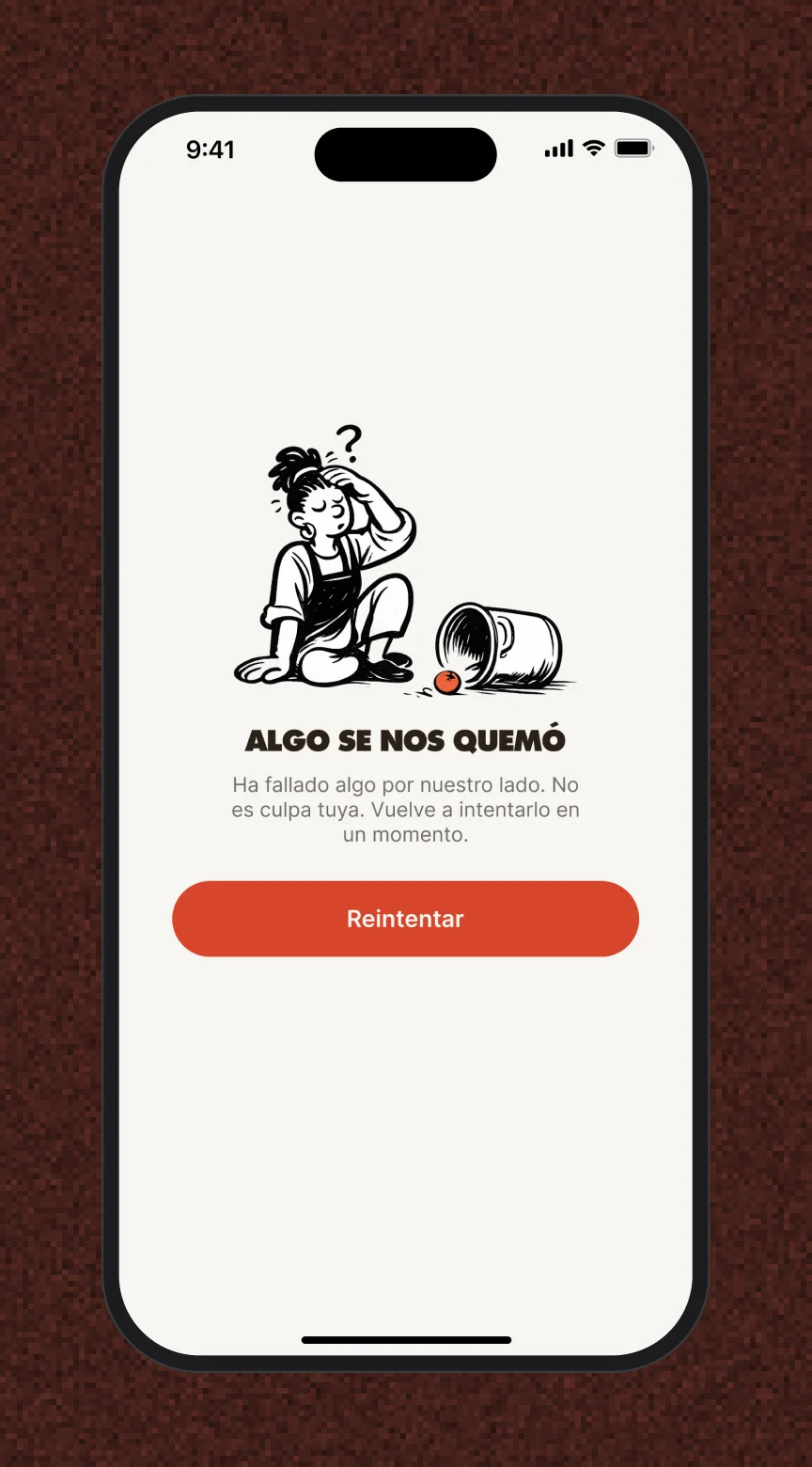 Algo se nos quemó: the real error screen, in the phone shell on tomate