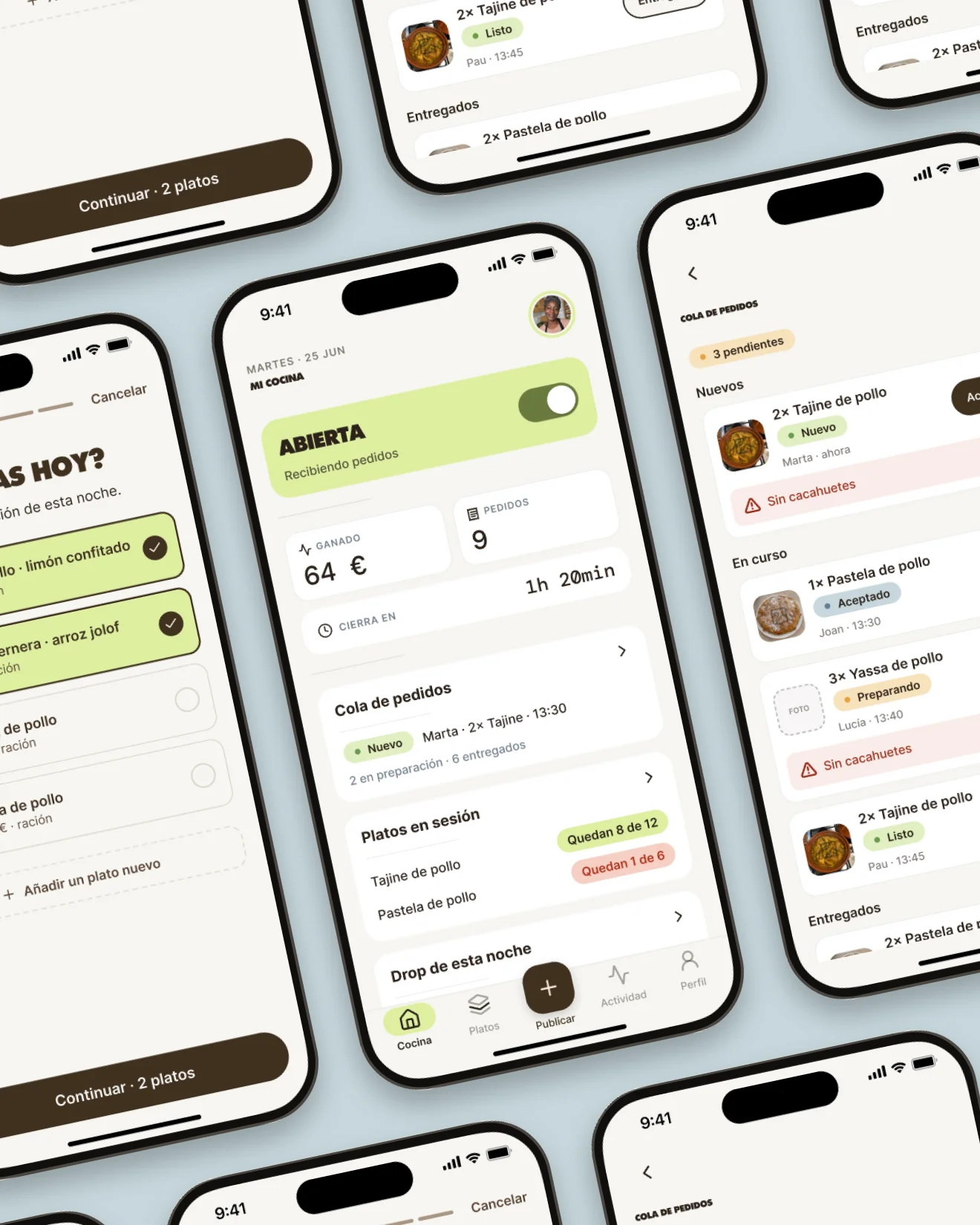 Vianda Chef, the cook app: tilted montage of real screens